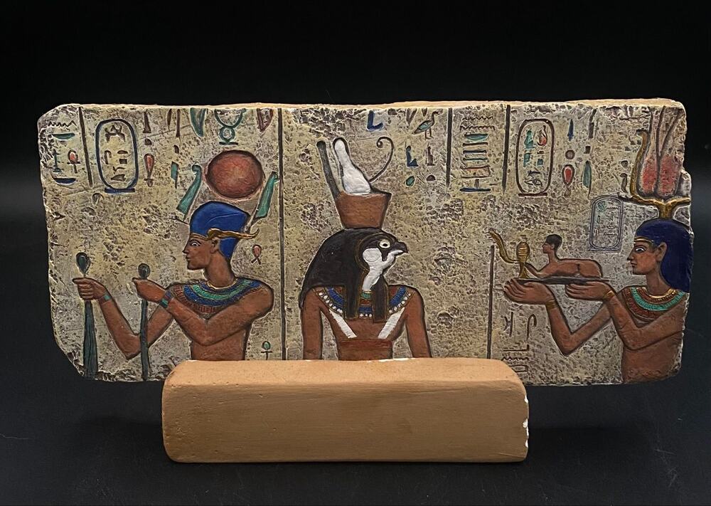 Egyptian Revival Falcon God Plaque w Stand Hieroglyphic Wall Art Pharaoh Decor